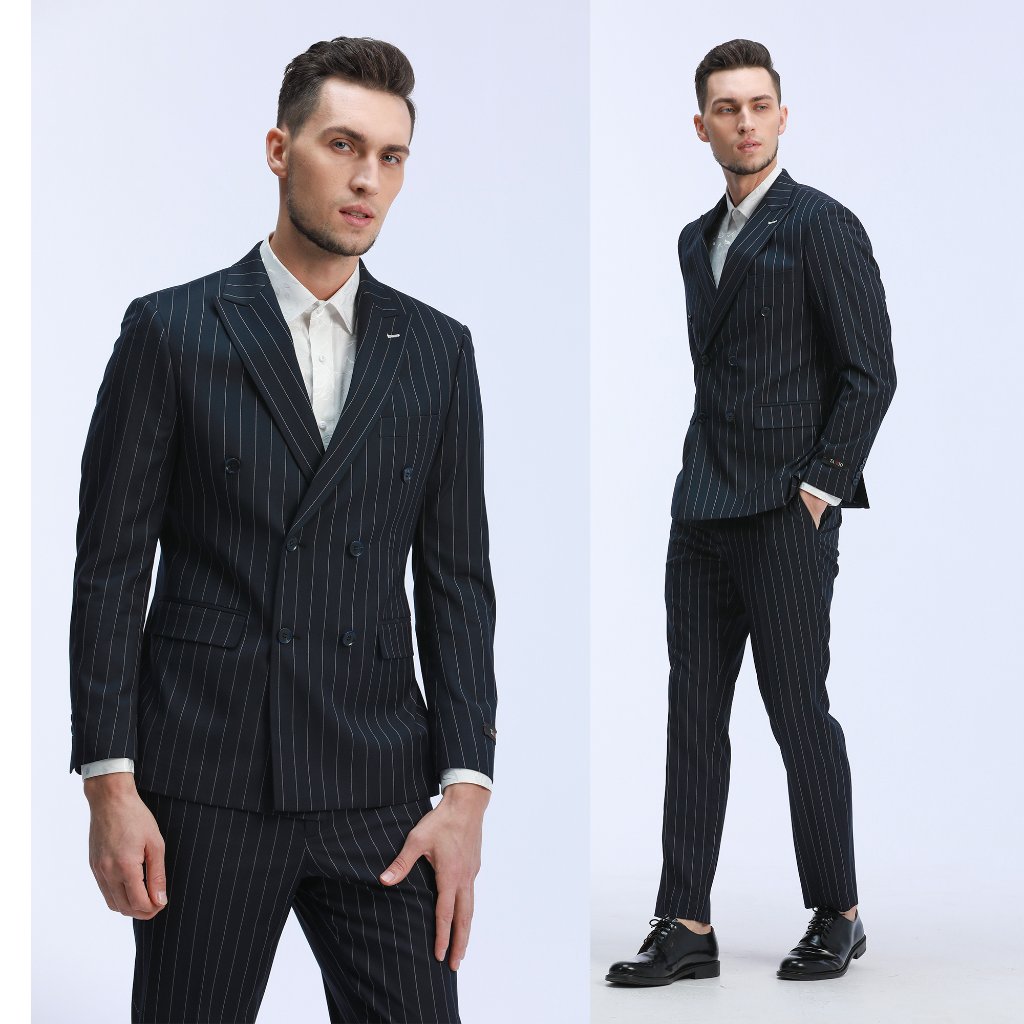 Dark Navy Pinstriped 2pc Suit W/ Peak Lapel By Tazio